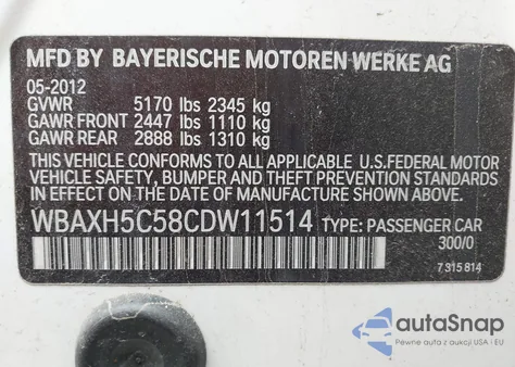 2012 BMW 528I xDrive from USA, damaged, VIN WBAXH5C58CDW11514